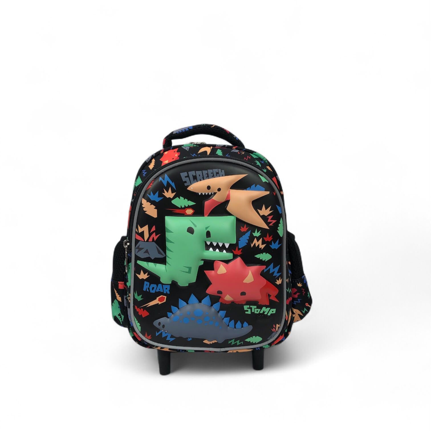Kids 12-inch rolling backpack with dinosaur faces print and front pocket on wheels.